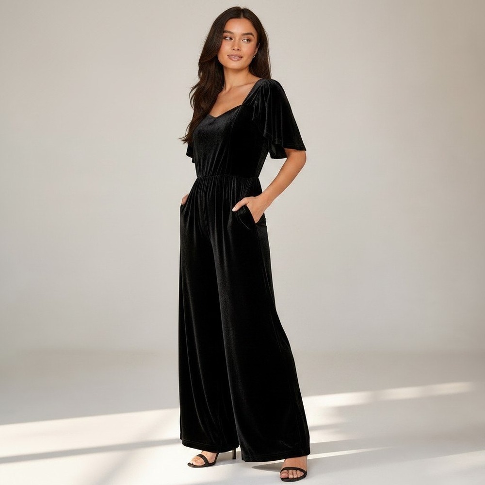 Ivy City Co Black Velvet Wide Leg Jumpsuit Flutter Sleeve Smocked Back Womens M